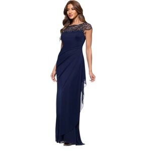 NWT XScape Boat Neck Long Sheath Dress Gown Embellished Formal Wedding Black Tie